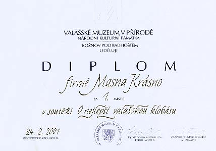 1. místo v soutěži O nejlepší valašskou klobásu - Valašské muzeum