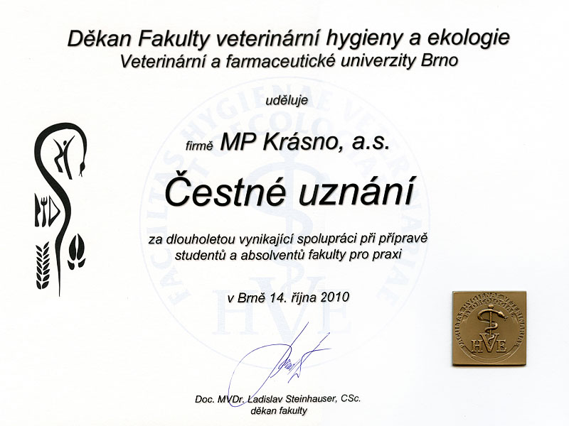 Ocenenie Fakultou veterinárnej hygieny a ekológie