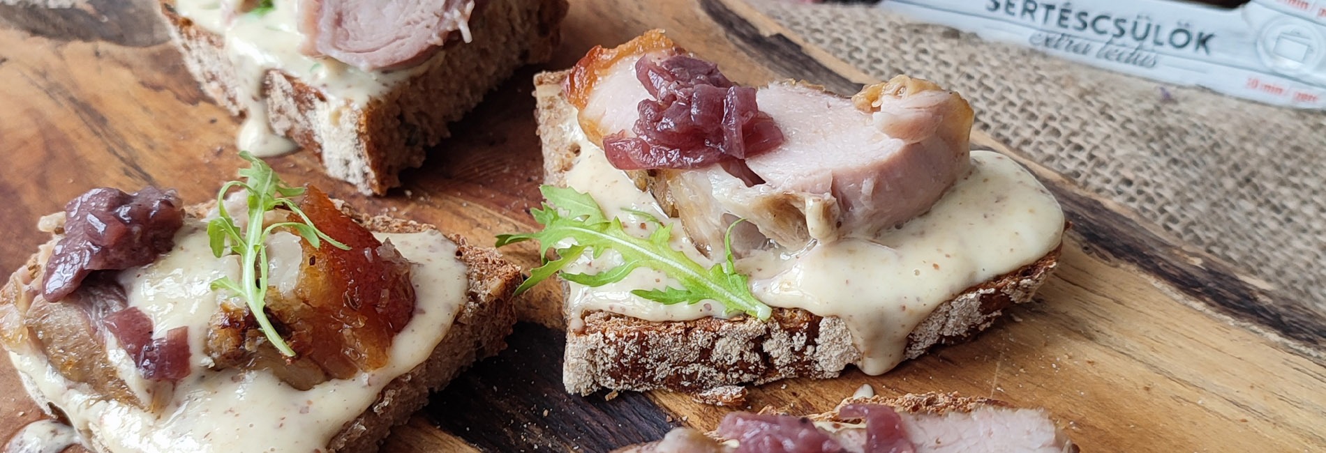 Sous vide vepřové koleno, hořčičný dip a cibulová marmeláda